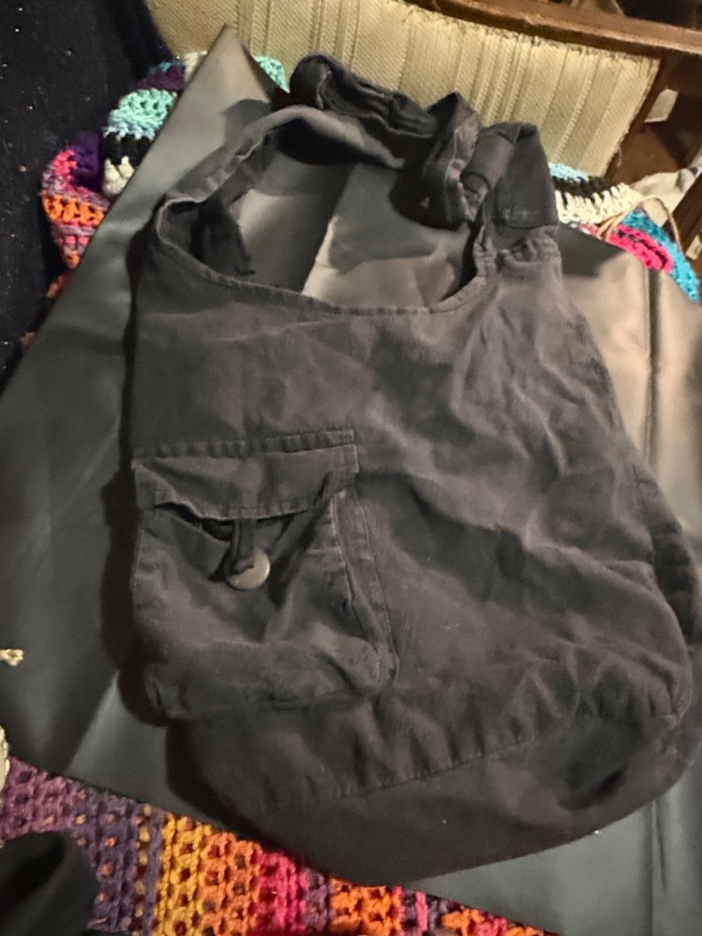Casual Black Canvas Shoulder Bag with Front Pocket